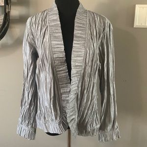 Chico’s ruffled jacket, gray, size (1). Dry clean only.